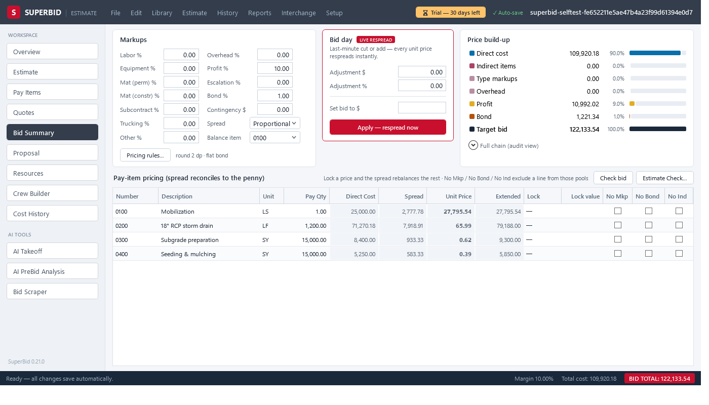 SuperBid Bid Summary screen: markup chain, bond and profit settings, price spread across pay items