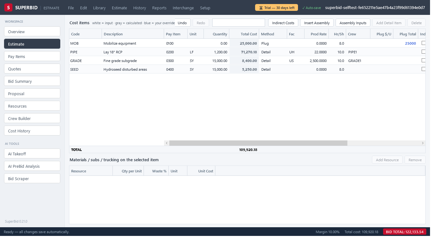 SuperBid Estimate screen: hierarchical cost item tree with crews, productivity factors and computed totals