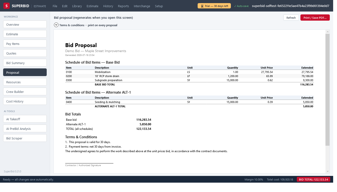 SuperBid Proposal screen: inline print preview of the bid proposal with numbered terms and conditions
